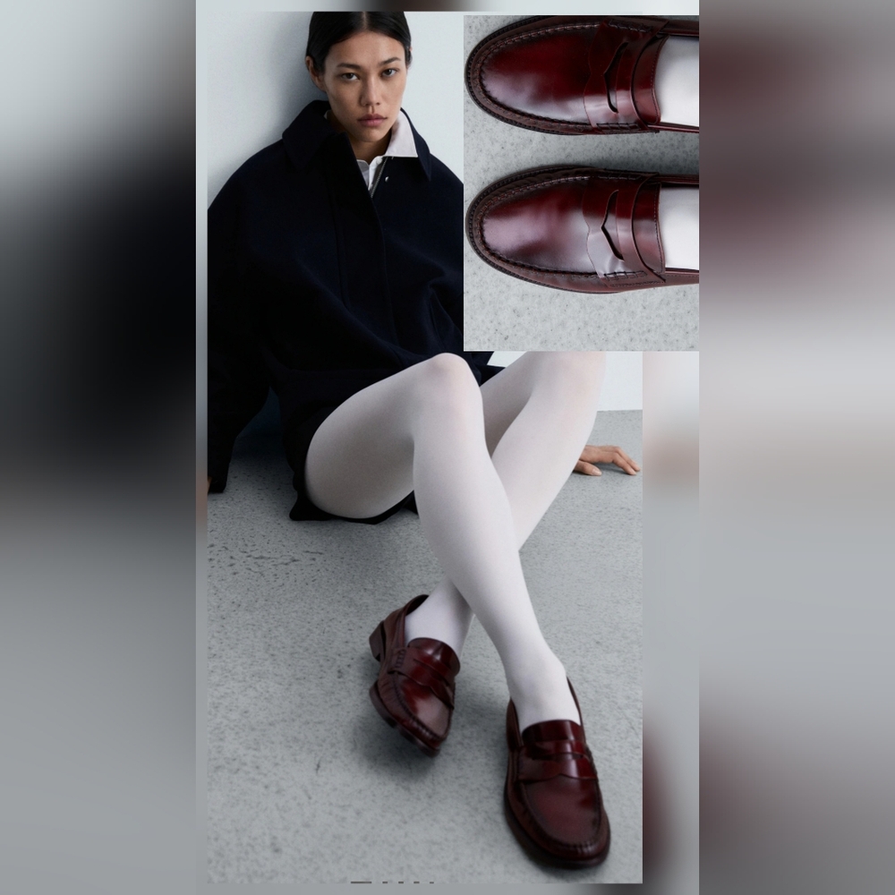 Mango Elegant Leather Burgundy Loafers Shoes Flats Size 6